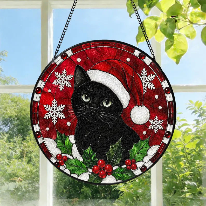 Festive Black Cat Christmas Stained Glass Suncatcher – Cute Cat Window Hanging Ornament, Holiday Decor & Gift for Cat Lovers