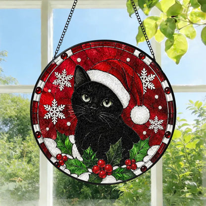 Festive Black Cat Christmas Stained Glass Suncatcher – Cute Cat Window Hanging Ornament, Holiday Decor & Gift for Cat Lovers