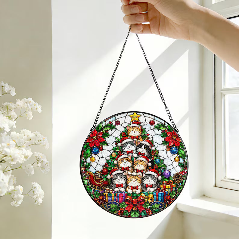 Festive Cat Christmas Tree Stained Glass Suncatcher – Cute Cat Window Hanging Ornament, Christmas Gift for Cat Lovers