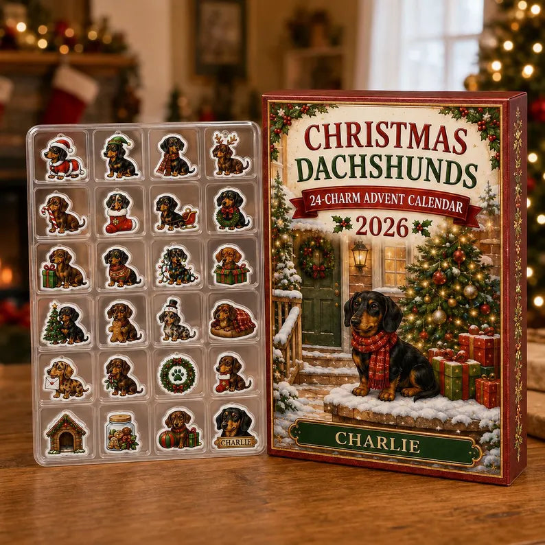 Personalized Dachshund Advent Calendar 2026: Custom Name Christmas Charm Box
