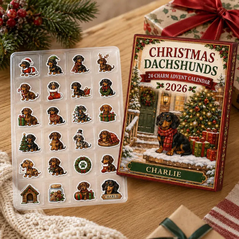 Personalized Dachshund Advent Calendar 2026: Custom Name Christmas Charm Box