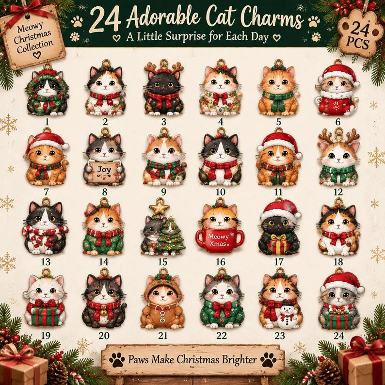 Personalized Cat Advent Calendar, Christmas Countdown Box, 24 Cute Cat Charms, Custom Family Name Holiday Keepsake, Cat Lover Gift 2026