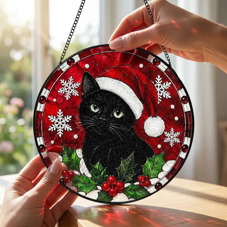 Festive Black Cat Christmas Stained Glass Suncatcher – Cute Cat Window Hanging Ornament, Holiday Decor & Gift for Cat Lovers