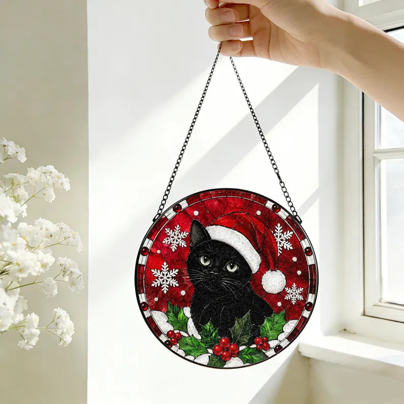 Festive Black Cat Christmas Stained Glass Suncatcher – Cute Cat Window Hanging Ornament, Holiday Decor & Gift for Cat Lovers