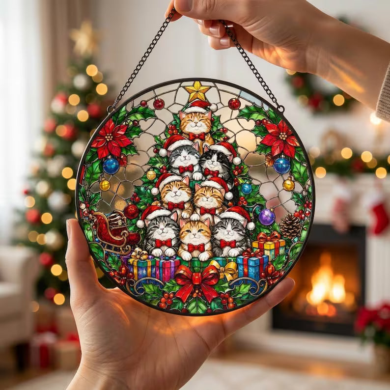 Festive Cat Christmas Tree Stained Glass Suncatcher – Cute Cat Window Hanging Ornament, Christmas Gift for Cat Lovers