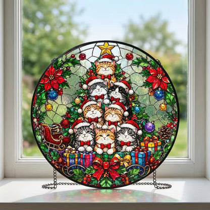 Festive Cat Christmas Tree Stained Glass Suncatcher – Cute Cat Window Hanging Ornament, Christmas Gift for Cat Lovers