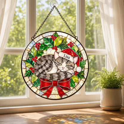 Personalized Christmas Cat Stained Glass Suncatcher – Custom Cat Portrait With Name & Santa Hat, Holiday Gift for Cat Lovers