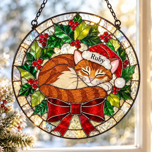 Personalized Christmas Cat Stained Glass Suncatcher – Custom Cat Portrait With Name & Santa Hat, Holiday Gift for Cat Lovers