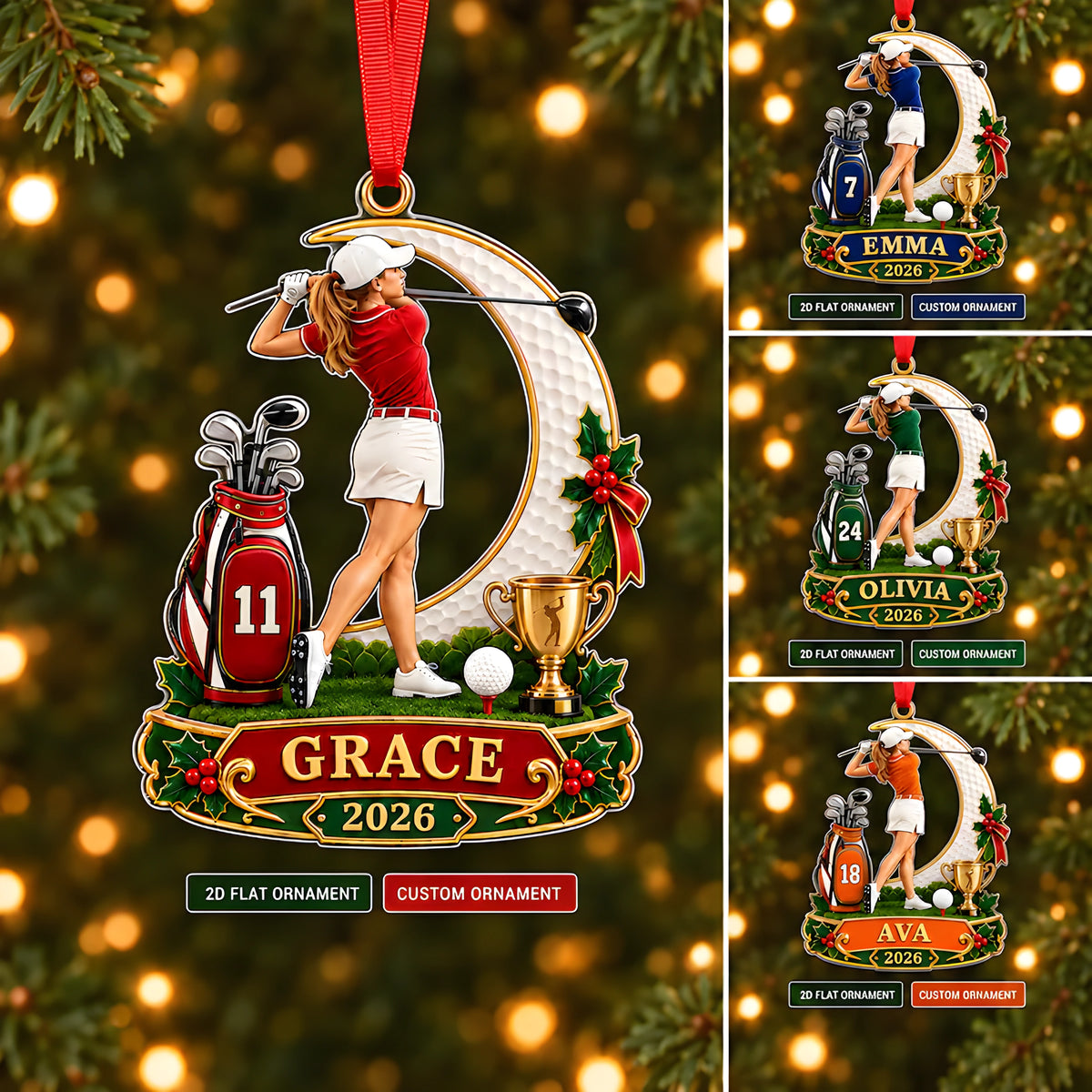 Personalized Girl Golfer Ornament, Custom Name & Year Golf Christmas Gift for Girls