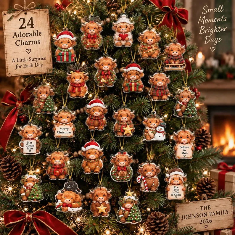 Personalized Highland Cow Advent Calendar, Christmas Countdown Box, 24 Mini Cow Charm Set, Custom Family Holiday Keepsake, Christmas 2026