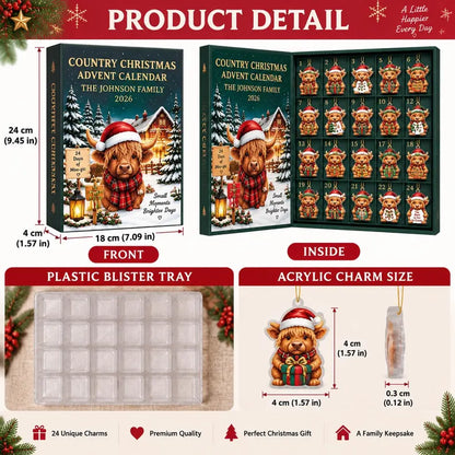 Personalized Highland Cow Advent Calendar, Christmas Countdown Box, 24 Mini Cow Charm Set, Custom Family Holiday Keepsake, Christmas 2026
