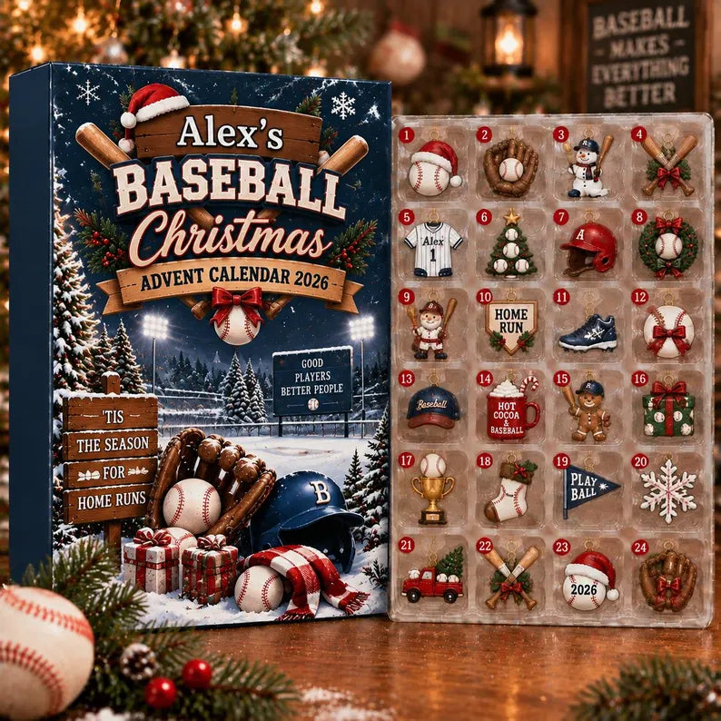 Custom Name Baseball Advent Calendar 2026, Christmas Countdown Box, 24 Baseball Charms, Personalized Holiday Keepsake, Baseball Player Gift
