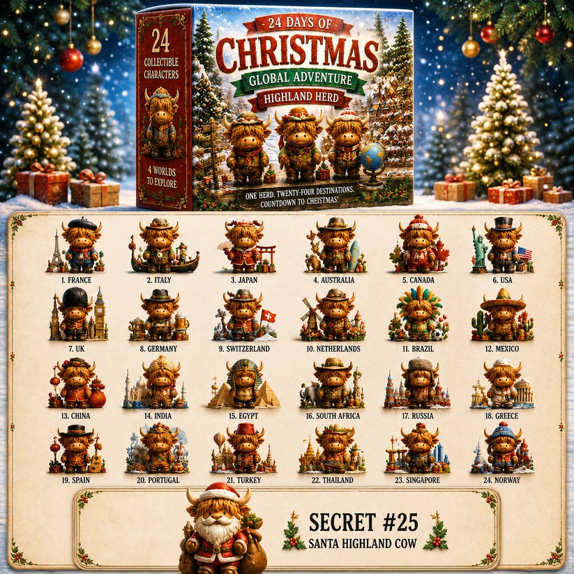 24 Days Christmas Advent Calendar - Global Highland Cow Collectible Figurines Set