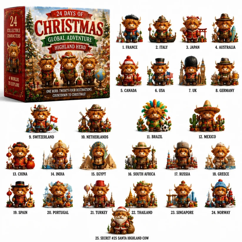 24 Days Christmas Advent Calendar - Global Highland Cow Collectible Figurines Set