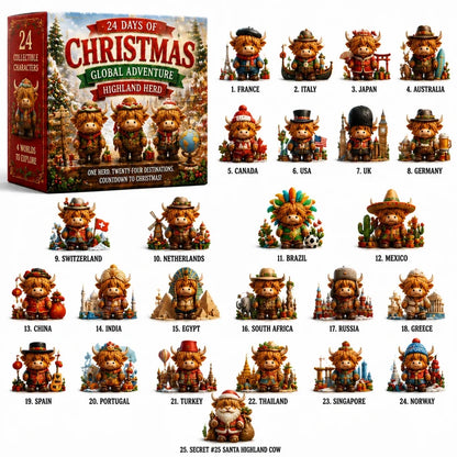 24 Days Christmas Advent Calendar - Global Highland Cow Collectible Figurines Set