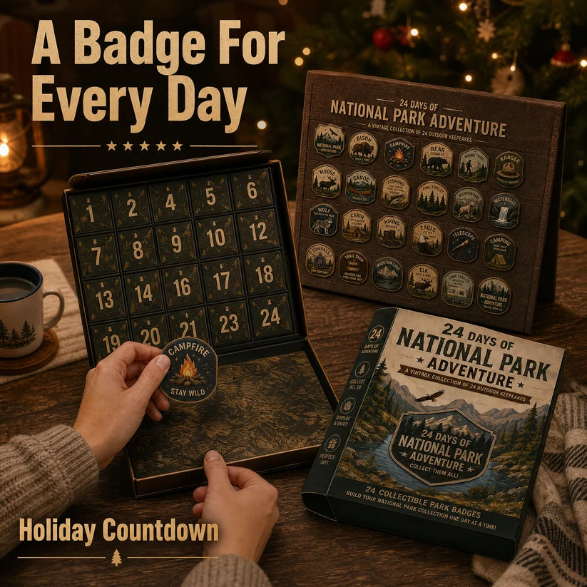 National Park Adventure Advent Calendar - 24 Vintage Collectible Badges Christmas Countdown Gift for Outdoor Lovers