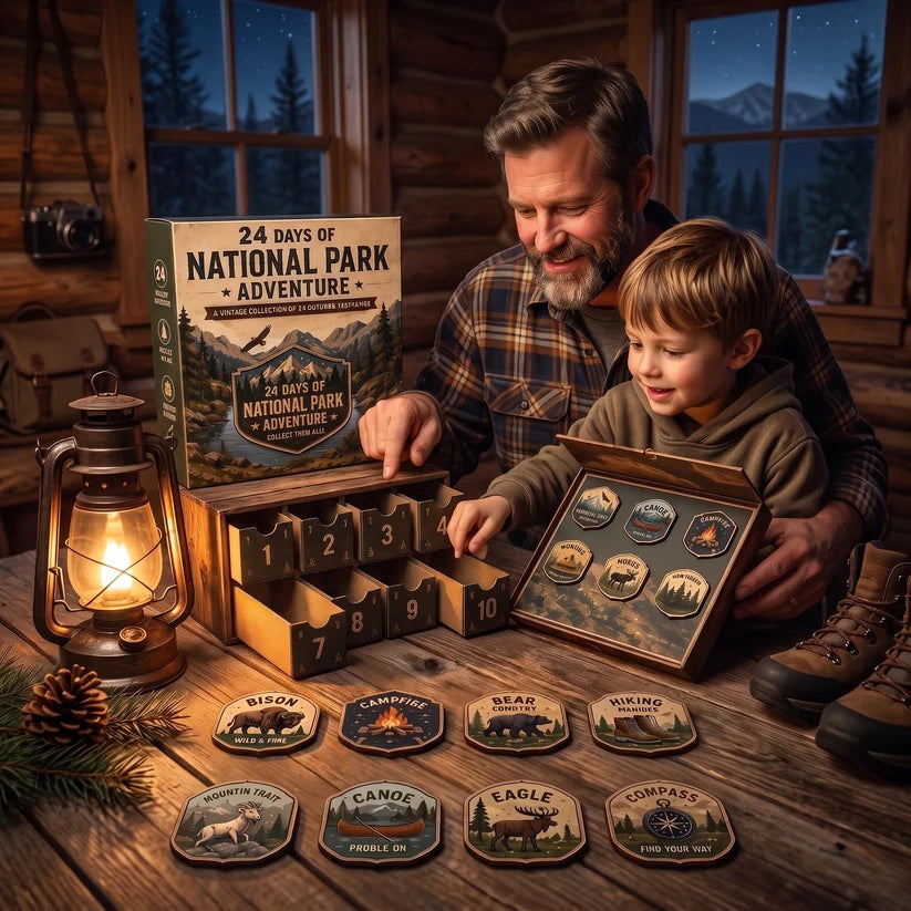 National Park Adventure Advent Calendar - 24 Vintage Collectible Badges Christmas Countdown Gift for Outdoor Lovers
