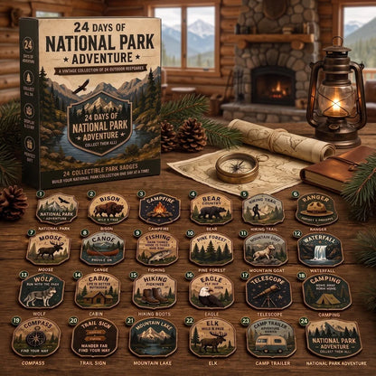 National Park Adventure Advent Calendar - 24 Vintage Collectible Badges Christmas Countdown Gift for Outdoor Lovers