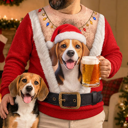 Christmas Gag Gift For Pet Dad - Personalized Custom Photo Pet Face Hairy Chest Abs Body Unisex Ugly Sweater