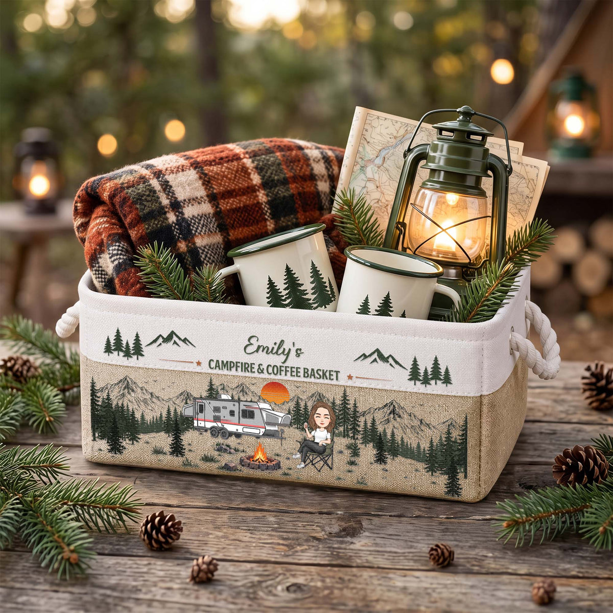Custom Camper Rv Family Camping - Campfire & Coffee Basket - Personalized Storage Basket