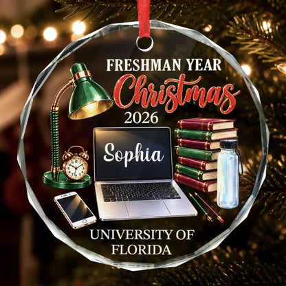Custom Name Freshman Year Christmas Gifts for College Students - Personalized Glass Ornament