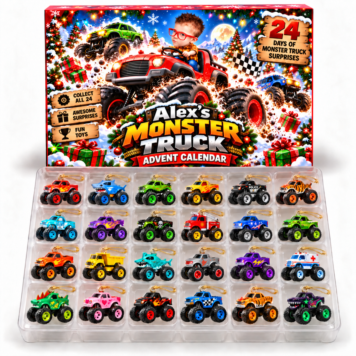 24 Days of Monster Trucks Custom Photo - Personalized Christmas Advent Calendar