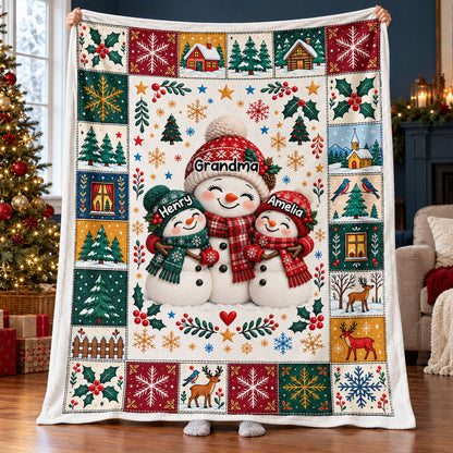 Snowman Grandma Grandkids Hugging - Personalized Fleece Blanket - Christmas Gift for Grandma, Grandkids