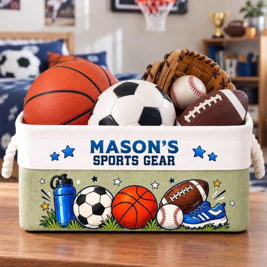 Custom Name Sports Gear Gifts for Kids - Personalized Storage Basket - Sports Gear