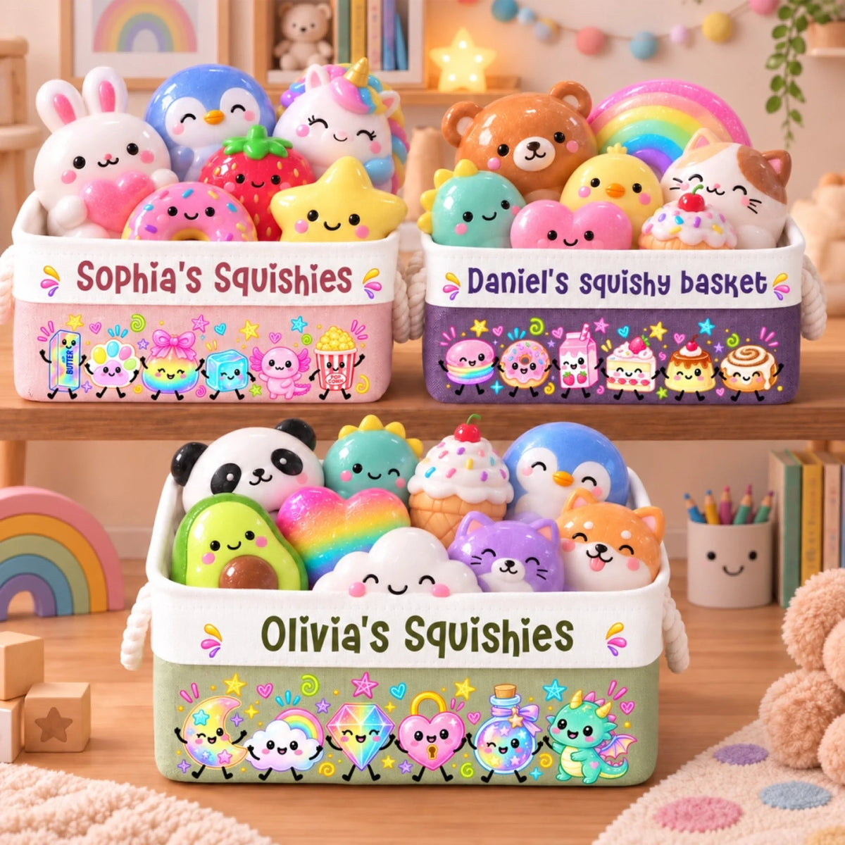 Custom Name Kawaii Squishy Collection Gifts for Kids - Personalized Storage Basket