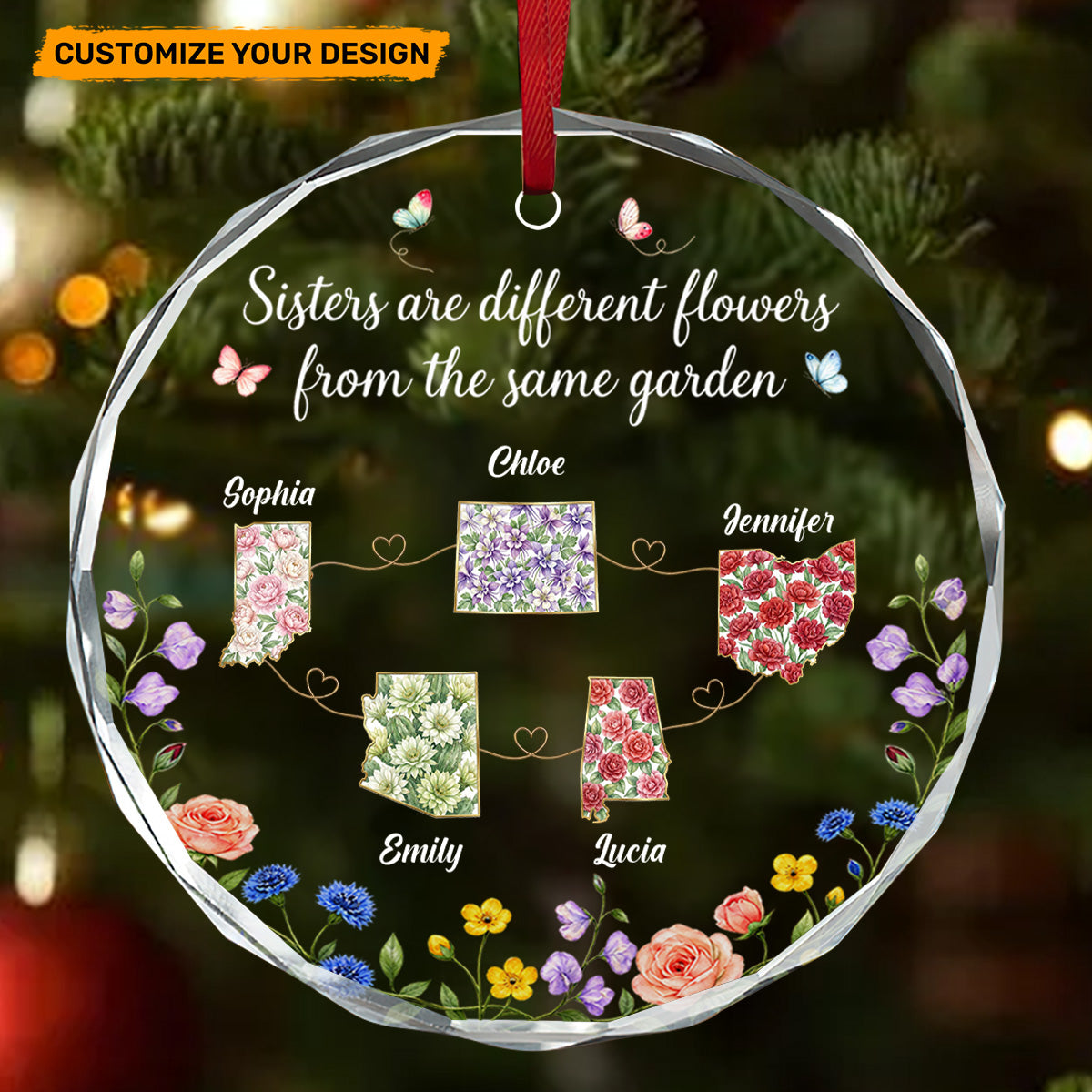 Sisters Are Different Flowers - Personalized Round Shaped Glass Ornament