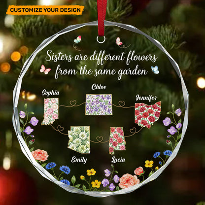 Sisters Are Different Flowers - Personalized Round Shaped Glass Ornament