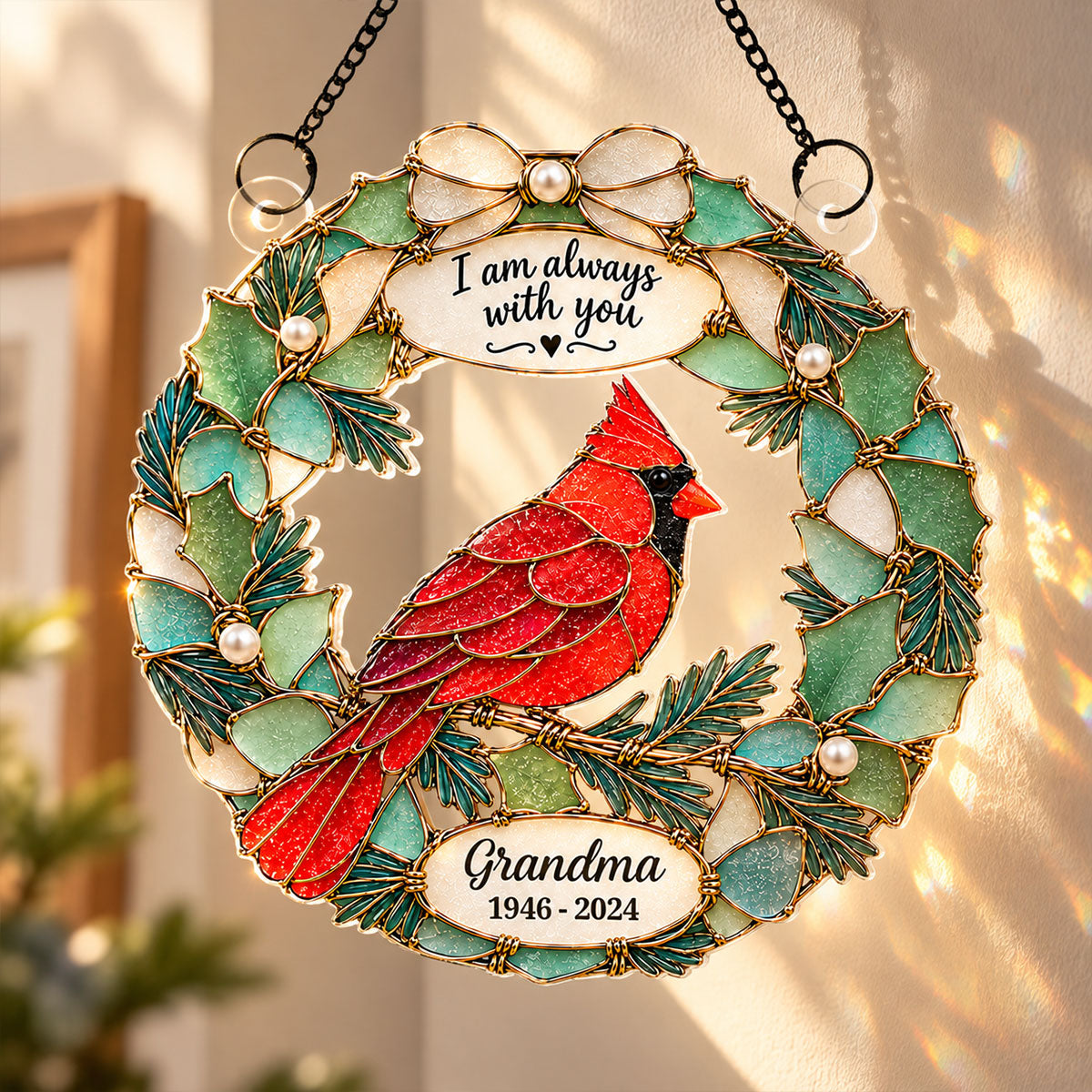Always With You Cardinal Wreath 2D Flat Printed - Personalized Acrylic Window Hanger - Memorial Sympathy Gift, Christmas Remembrance Keepsake