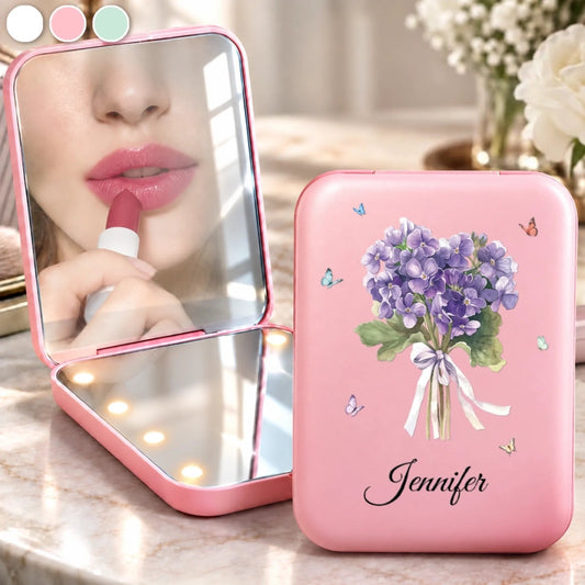 Custom Name Birth Month Flower Bouquet Gifts for Women - Personalized LED Compact Makeup Mirror