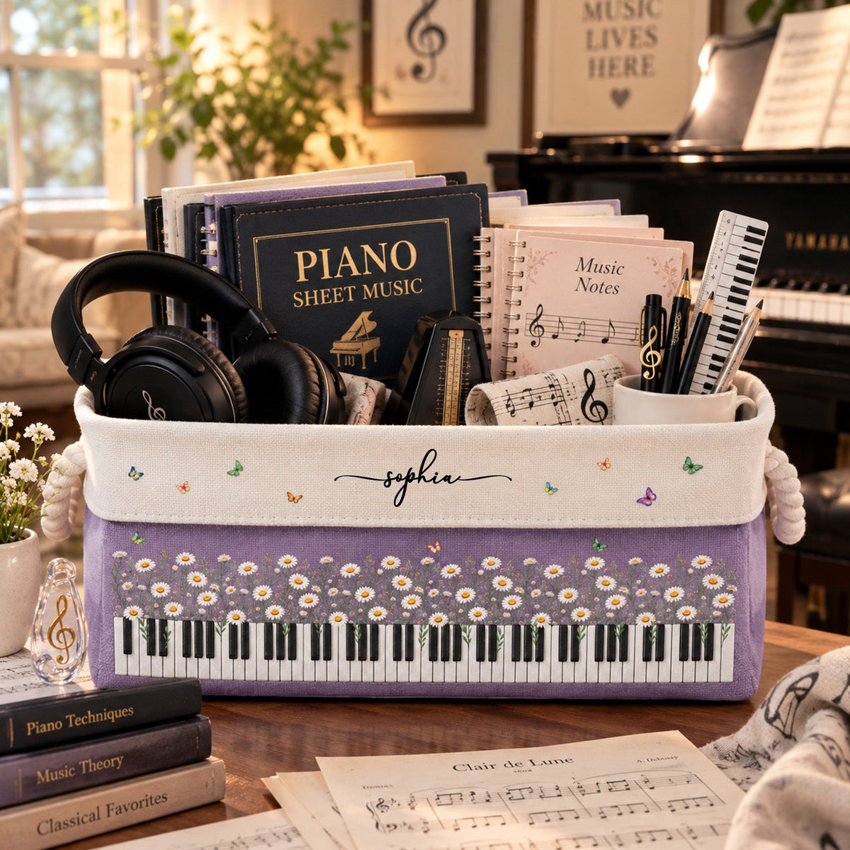 Piano, Keyboard, Custom Birth Flower & Name - For Pianist, Piano Lovers - Personalized Storage Basket