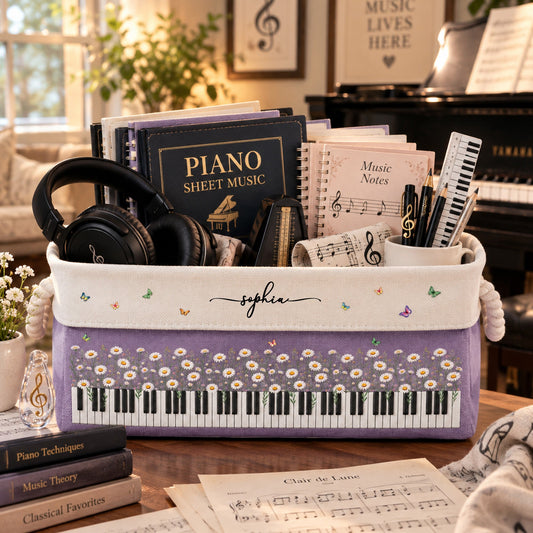 Piano, Keyboard, Custom Birth Flower & Name - For Pianist, Piano Lovers - Personalized Storage Basket