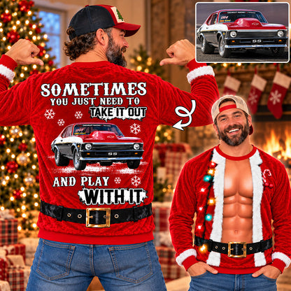 Take It Out & Play - Funny Muscle Santa - Custom Photo Car Christmas Sweatshirt - Gift For Car Lovers A2110