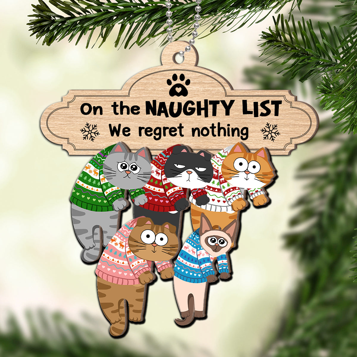 Christmas Naughty Cats Hanging On Mantel Personalized 2-Layer Wooden Ornament, Gift For Cat Lovers