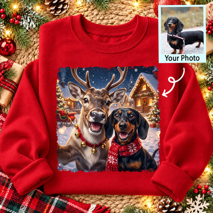 Dog Cat Selfie with Reindeer - Personalized Shirt - Funny Christmas Gift for Pet Lovers