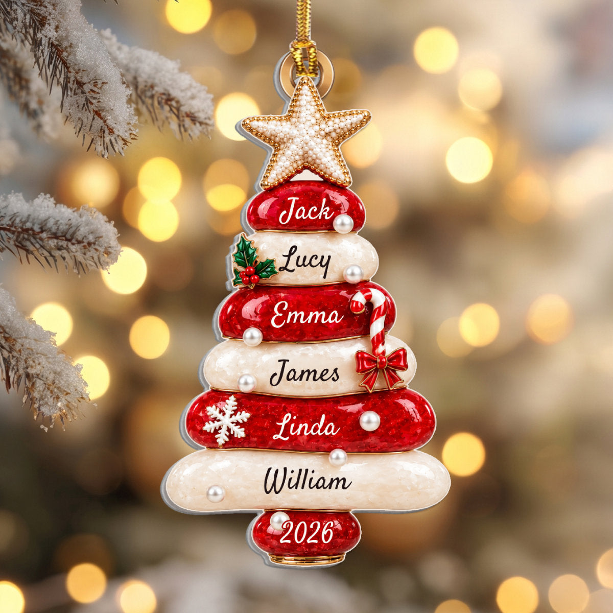 Red Sea Glass Family Tree Name - Personalized 3D Relief White Acrylic Ornament