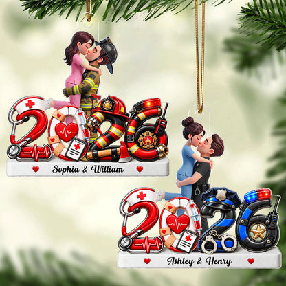Hero Police Firefighter Nurse Couple - Personalized Acrylic Ornament - Christmas Gift For Him, For Her, Husband, Wife