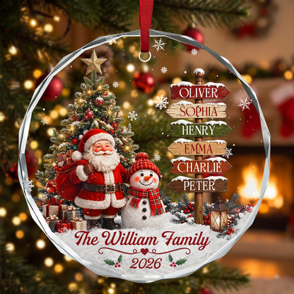 Family Christmas Santa Snowman - Personalized Round Shaped Glass Ornament