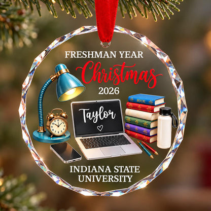 Freshman Year Christmas Study Desk – Personalized Glass Ornament – College Student Christmas Gift, First Year Keepsake