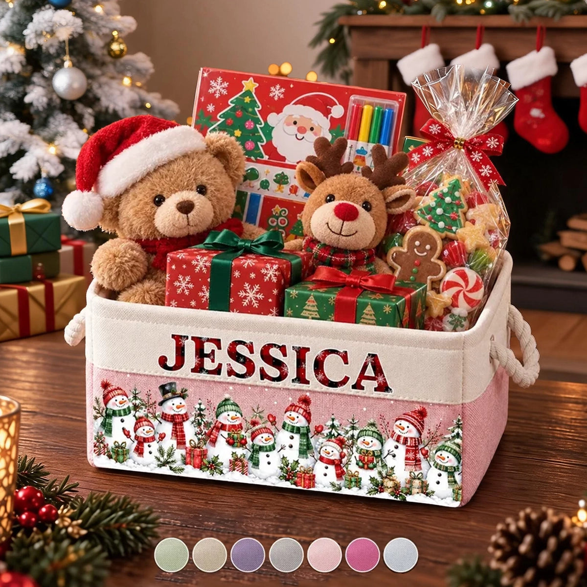 Personalized Rope Storage Basket with Snowman Family Art for Christmas, Unique Gift for Kids