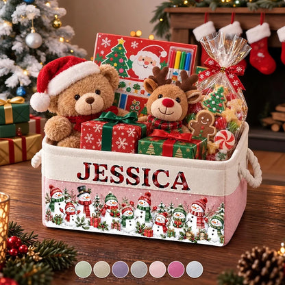 Personalized Rope Storage Basket with Snowman Family Art for Christmas, Unique Gift for Kids