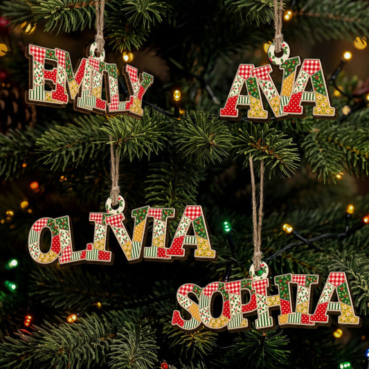 Patchwork Print Christmas Theme With Name - Personalized Ornament