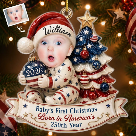 Custom Photo First Christmas Acrylic Ornament - Personalized America 250th Anniversary Christmas Gifts For New Moms, New Dads, New Parents - Our Bright Little Patriotic Star
