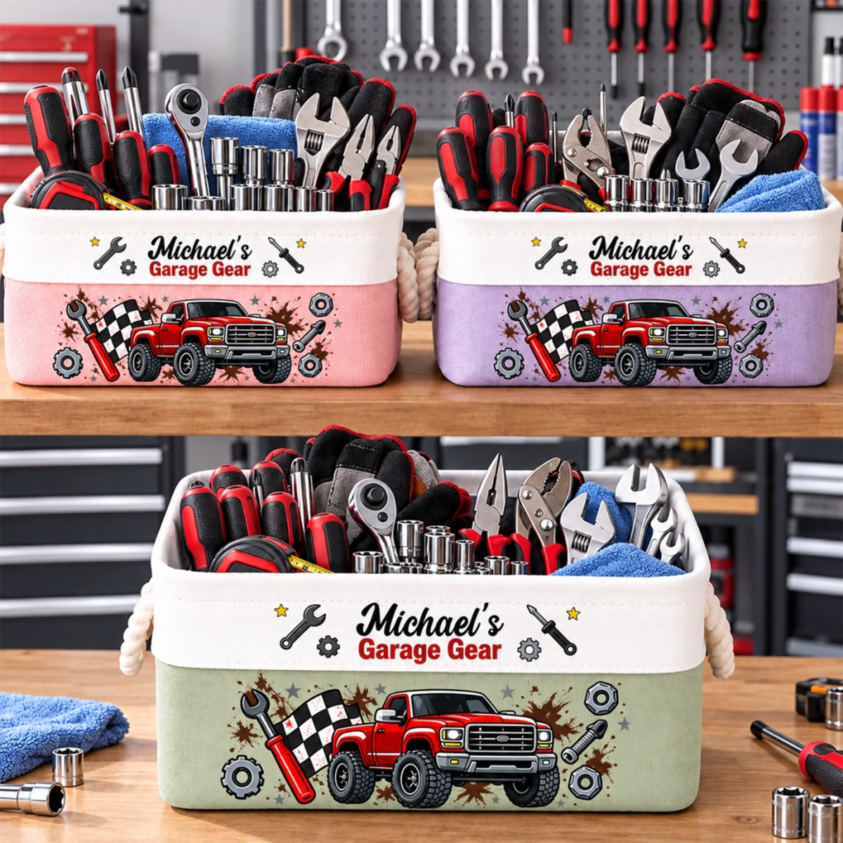 Custom Name Garage Truck Gear Decor - Personalized Storage Basket - Fueled By Grit And Grease