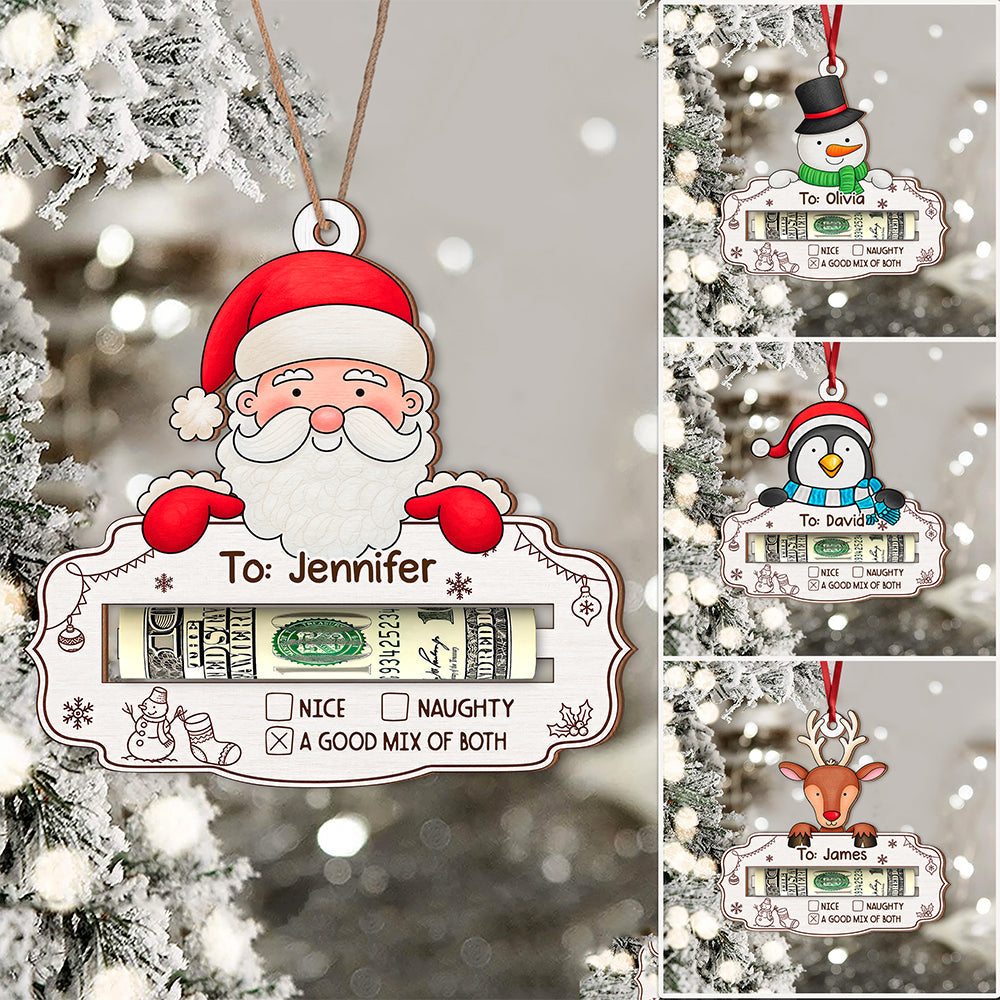 Custom Name And Character Christmas Wooden Money Holder Ornament, Personalized Holiday Cash Gift For Family TH10 171231