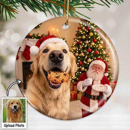 Dog Steal Cookie From Santa Upload Pet Photo - Personalized Ceramic Ornament - Funny Gift For Dog Lovers