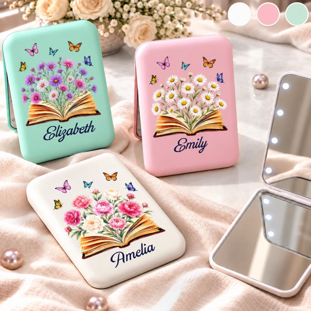 Custom Name Floral Bookish Gifts For Women And Book Lovers - Personalized LED Compact Makeup Mirror